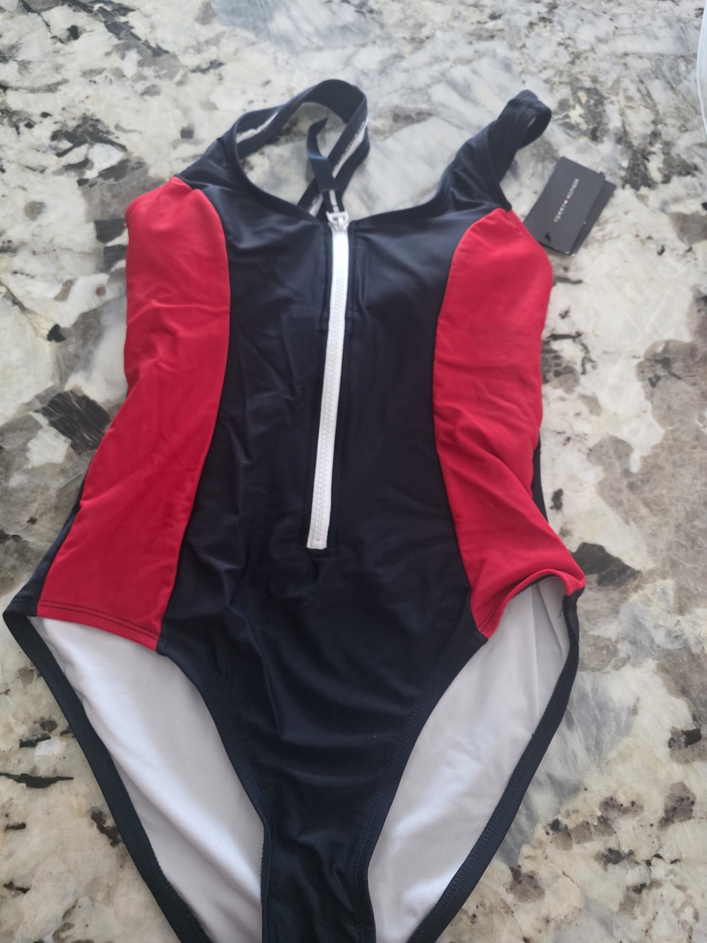 Tommy Hilfiger Women’s Navy and Red One-Piece Zip Front Swimsuit - Picture 2 of 4